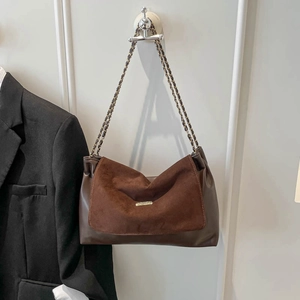 Brown suede patchwork tote bag with gold chain strap and metallic buckle for women
