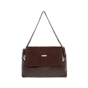 Retro dark brown patchwork chain shoulder bag with suede flap and metal logo plaque