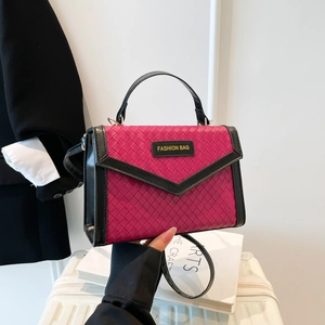 Women Woven PU Leather Shoulder Bag Contrast Color Flap Handbag Large Capacity Sophisticated Square Crossbody Bag With Handle