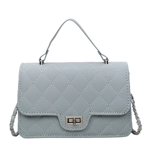 Light blue quilted rhombic chain bag with metal twist lock and handle for women