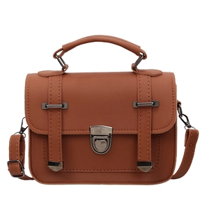 Brown retro small square crossbody bag with handle and metallic buckle detail