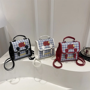 Plaid gingham crossbody bags with apple print in black, white and red colors