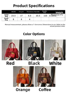 Detailed size specifications for small square bag showing dimensions and PU material info