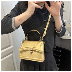 Detail of champagne gold metallic leather crossbody bag with elegant circular ring clasp