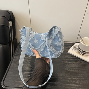 Sac Sous le Bras en Denim Tendance pour Femmes Avec Étoiles Damier Bords Effilochés Streetwear Décontracté Chaîne Petit Sac Carré