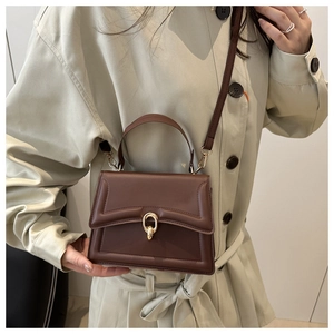 Close-up of matte dark brown crossbody bag with gold ring buckle and leather handle