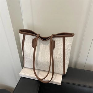 Women Large Capacity Woven Texture Tote Bag High End Synthetic Leather Shoulder Bag Commuting College Student Versatile Handbag