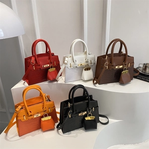 Luxury crocodile pattern colorblock handbag set with golden hardware and mini pouch