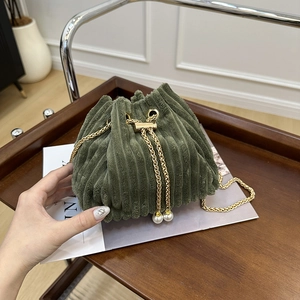 Women Corduroy Drawstring Bucket Bag With Artificial Pearl Decor Gold Chain Strap Fashion Shoulder Crossbody Bag For Daily Use