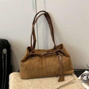 Sac à Épaule Rétro Grande Capacité en Cuir PU Look Daim pour Femmes Couleur Unie Sac Fourre-tout Sous le Bras avec Boucle de Ceinture