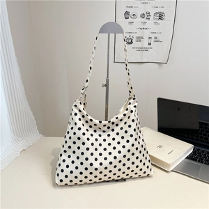 Chic black and white polka dot nylon tote bag with large capacity for autumn 2025