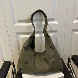 Große Kapazität Wildleder Nylon Tragetasche Vintage Laserschnitt Blumen Umhängetasche Für Damen Retro Casual Handtasche