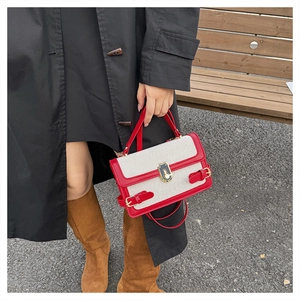 Detail of a retro canvas crossbody bag with red leather trim and golden clasp