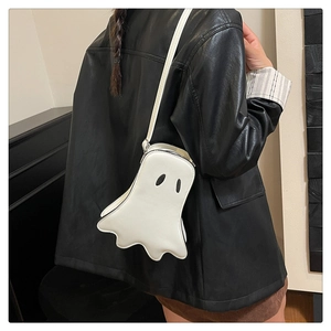Detailed close-up of white ghost crossbody bag made of premium PU leather on model