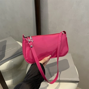 Women Fashion Glossy Patent Leather Baguette Bag Urban Minimalist PU Underarm Shoulder Bag Solid Color Zipper Handbag