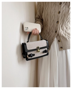 Close-up of contrast beige canvas handbag with black leather trim and gold twist lock
