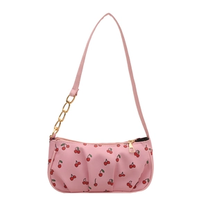 Chic pink shoulder bag with cherry print and decorative gold chain link strap