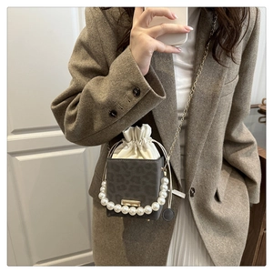 Chic mini crossbody bag with leopard print, pearl handle, and golden chain strap detail