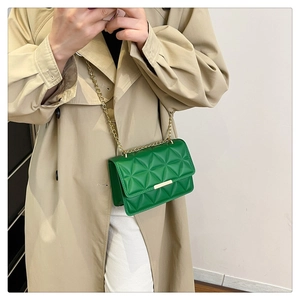Close-up of green quilted leather crossbody bag with gold chain and metal buckle