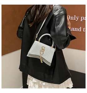 Dettaglio della texture glitterata argento e del logo S dorato su una piccola borsa a mano