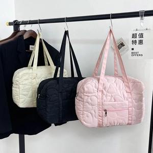 Quilted heart travel tote bags in white black and pink colors with double handles