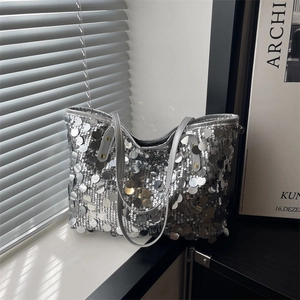 Sac fourre-tout à paillettes argentées pour femme avec doubles anses et style festif Y2K