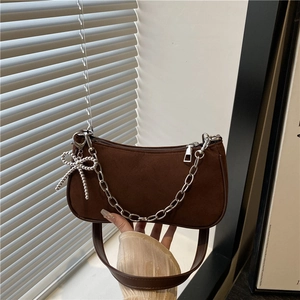 Sac Baguette en PU Simple Urbain pour Femmes Avec Chaîne Argentée Nœud en Strass Sac Sous le Bras Khaki Rouge Café Noir