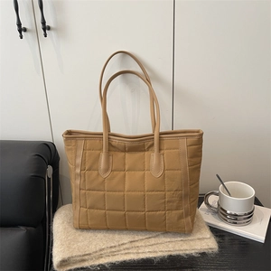 Women Quilted Tote Bag Large Capacity Grid Stitching Shoulder Bag Minimalist Cotton Top Handle Bag For Daily Travel Casual