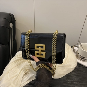 Retro black patent leather crossbody bag with gold chain strap and square lock clasp