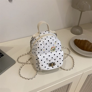 Women Cute Polka Dot Mini Backpack For Students Hamburger Embroidery Nylon Lightweight Travel Casual School Shoulder Bag White