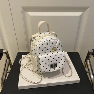 Mini white polka dot backpack with chain strap and burger embroidery for women