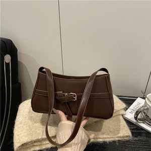 French Style Women PU Leather Baguette Bag Large Capacity Underarm Shoulder Bag Fashion Belt Buckle Solid Color Chic Daily Purse