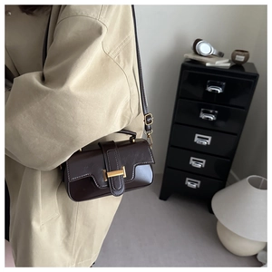 Vue détaillée du sac à main marron foncé en cuir verni avec boucle dorée et trench