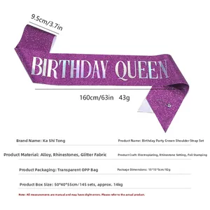 Detalle de la banda morada Birthday Queen con letras plateadas y dimensiones detalladas