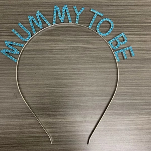 Silver metal headband with blue rhinestones and Mummy to be text for baby shower parties