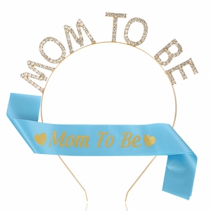 Gold crystal Mom To Be headband and light blue satin sash set for baby shower party