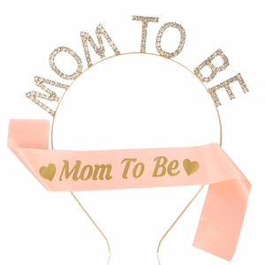 Baby Shower Mom To Be set with gold rhinestone headband and pink satin sash