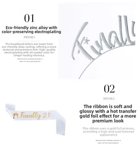 Détails de la couronne argentée Finally 21 et de l'écharpe en satin blanc avec lettrage doré