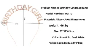 Detail view of rhinestone Birthday Girl headband with alloy material specifications