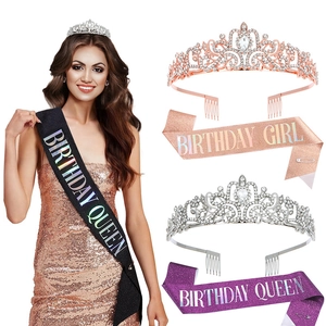 Birthday Girl Queen Crown Tiara Rhinestone Alloy Tiara Glitter Sash Set For Women Girls Birthday Party Decoration