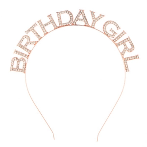 Rose gold Birthday Girl tiara with sparkling rhinestones and flexible metal frame