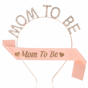 Rose gold Mom To Be headband with crystal rhinestones and pink satin sash gift set