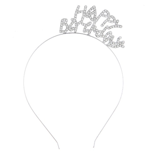 Ασημένια στέκα Happy Birthday για γυναίκες με λαμπερά λευκά κρυστάλλινα στρασάκια