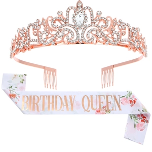 Rose gold crystal crown and white Birthday Queen sash set for birthday parties