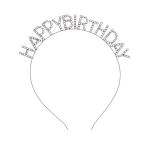 Detail of silver birthday headband featuring sparkling HAPPY BIRTHDAY rhinestone lettering