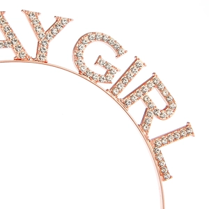 Detailed close-up of rose gold crystal birthday girl headband with sparkling rhinestones