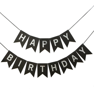 Black and silver Happy Birthday banner with swallowtail flags for party wall decoration