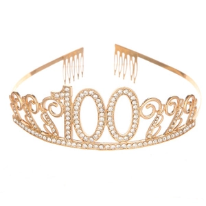 Close-up of gold 100th birthday headband with rhinestones and built-in hair combs