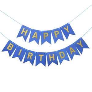 Blue and gold Happy Birthday banner with swallowtail flags for party wall decoration