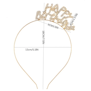 Detailed size guide of gold Happy Birthday headband with sparkling white rhinestones